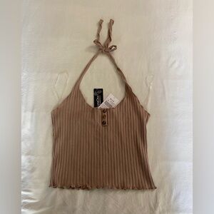Tan Ribbed Tie Front Sleeveless Tank Top